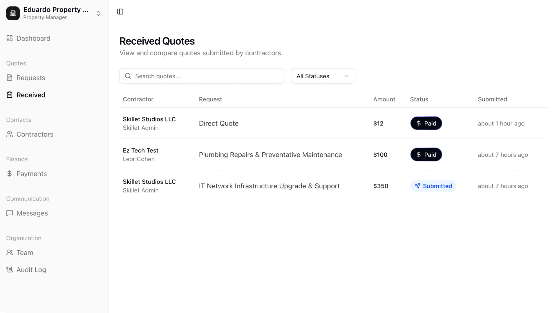 Project CRM dashboard showing received quotes