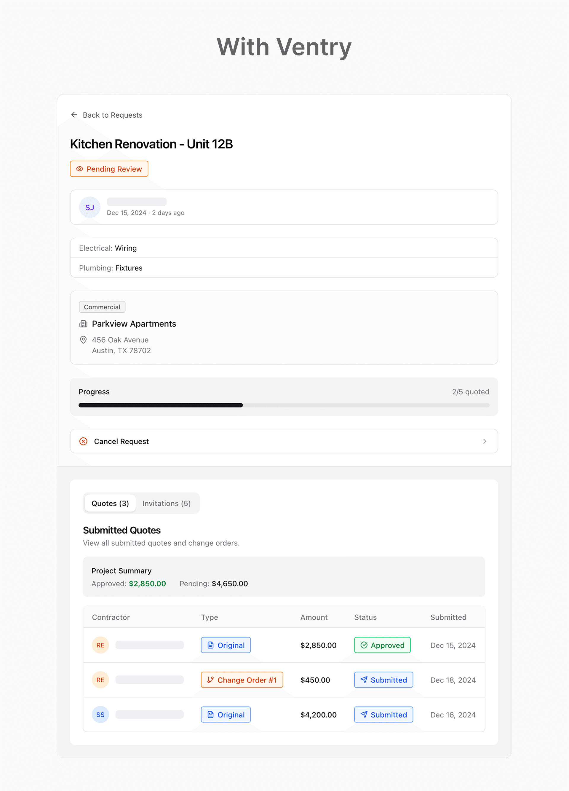 Organized Ventry dashboard showing quote management